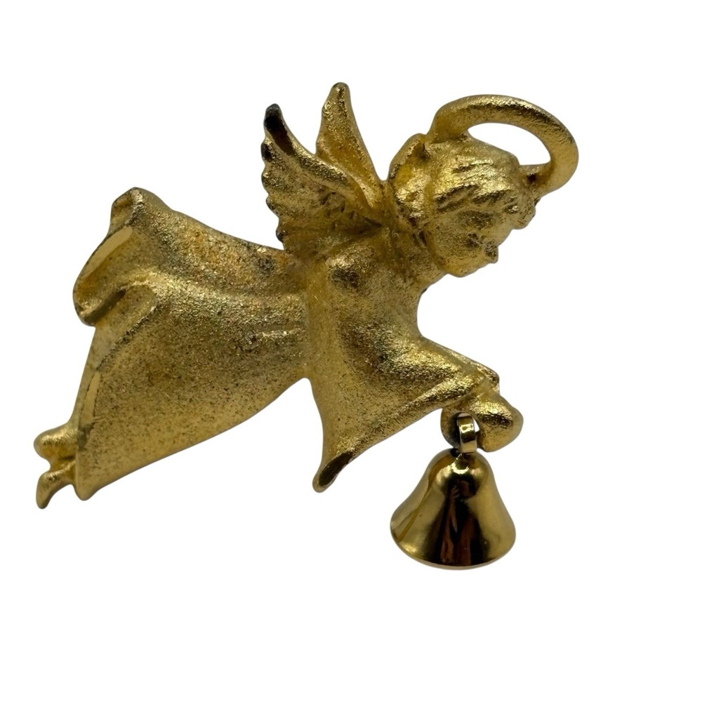 Flying Angel Brooch Pin w/ Bell Gold Tone Matte Textured VTG Religious Christian